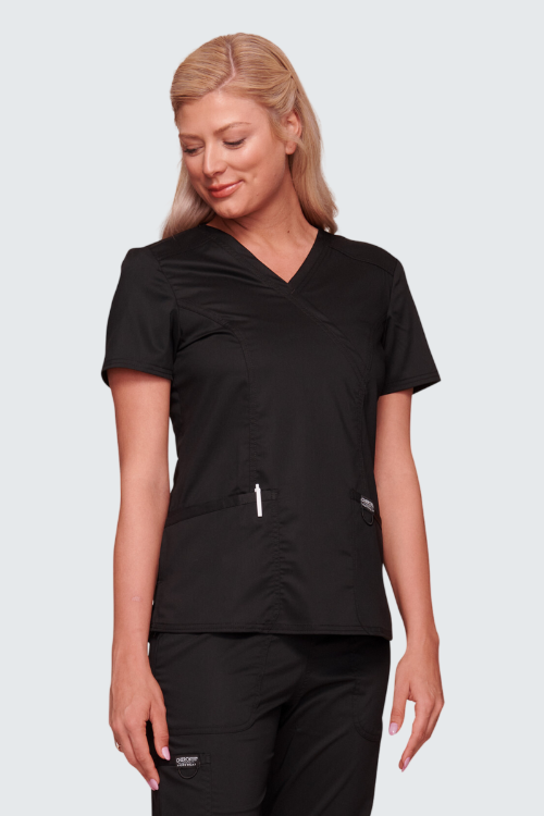 Black Core Stretch Ladies Mock Wrap Scrub Top - Cherokee wwe4728 (4)